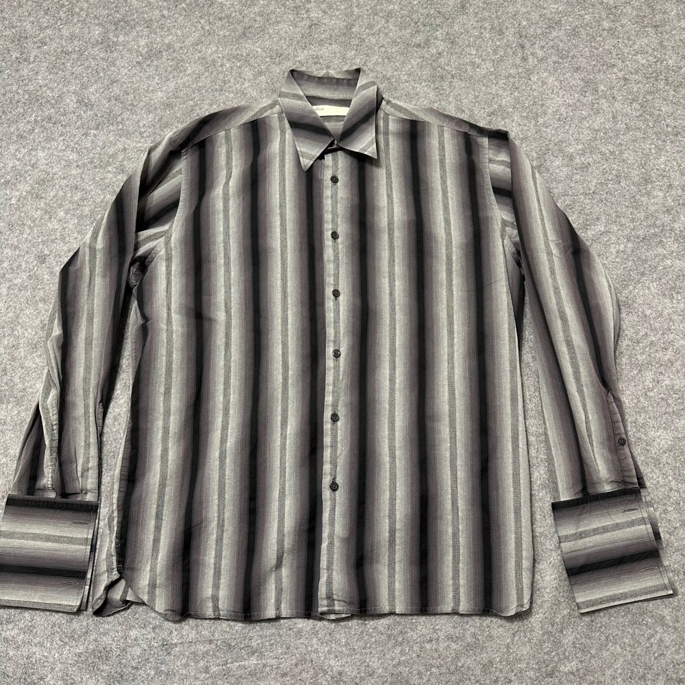 Perry Ellis Button Down Shirt Mens Large Gray Striped Long Sleeve Cotton Casual